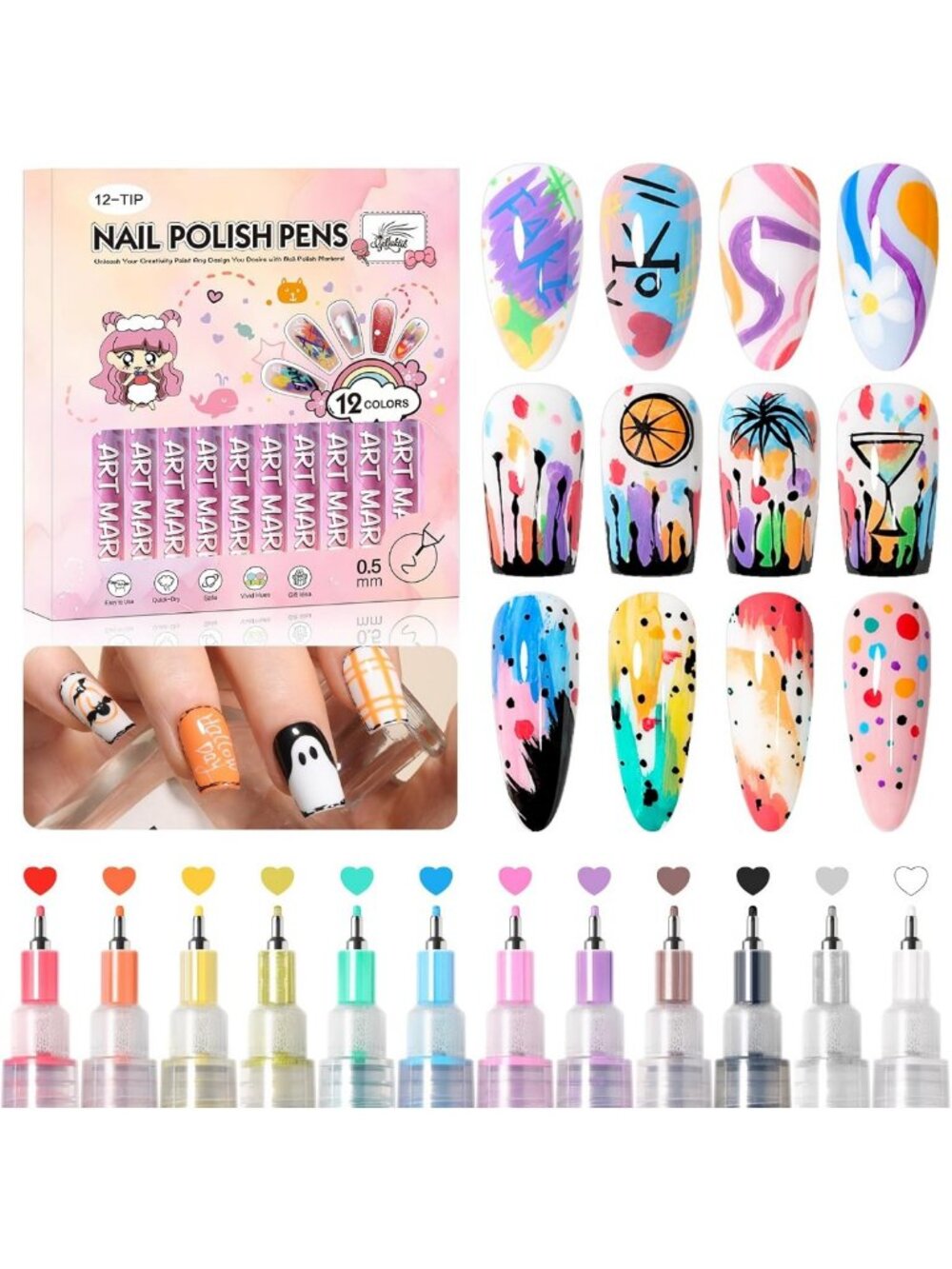 12 Color Nail Art Pens Set - Fine Tip 0.5mm Markers for 3D DIY Manicure